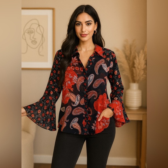 Boho Paisley Floral Bell Sleeve Sheer Blouse Sz M Retro Vintage Chic Fairytale - Picture 15 of 15